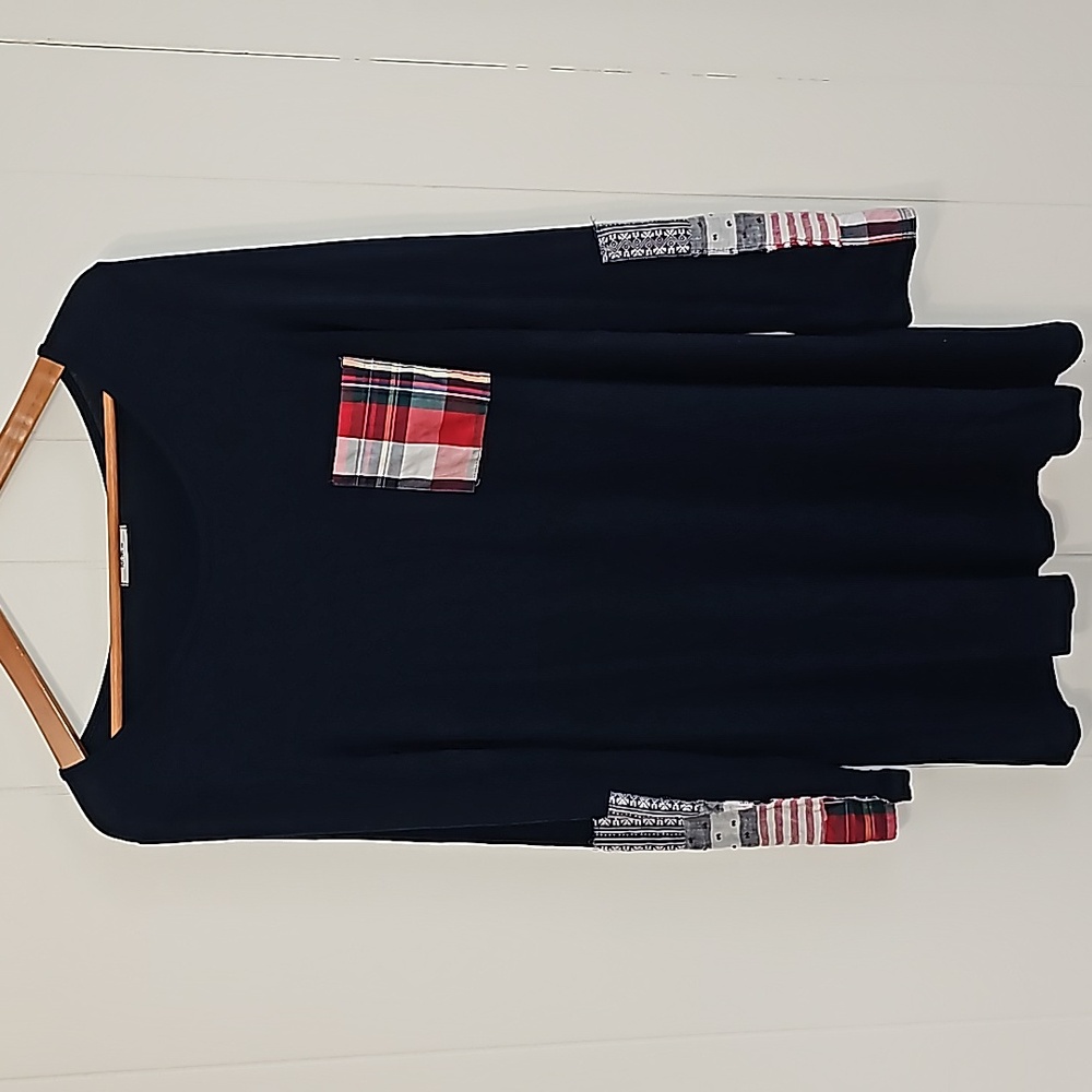Mon Ami Navy Blue Americana Patchwork Long Sleeves Shirt Dress Women M Patriotic